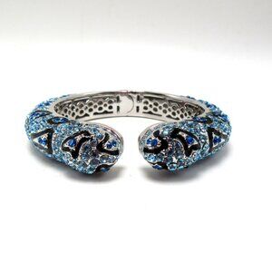 Blue rhinestone & black enamel snake clamper cuff silver bracelet - March B'day